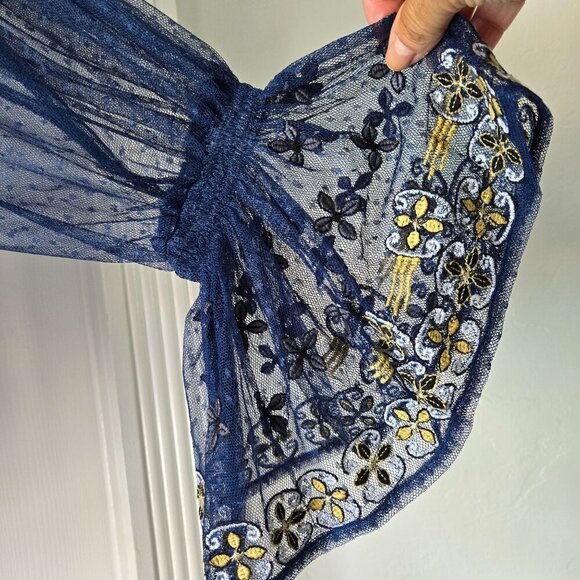 Free People Joyride Sheer Navy Bohemian Tulle Embroidered Top Size S - Picture 11 of 14